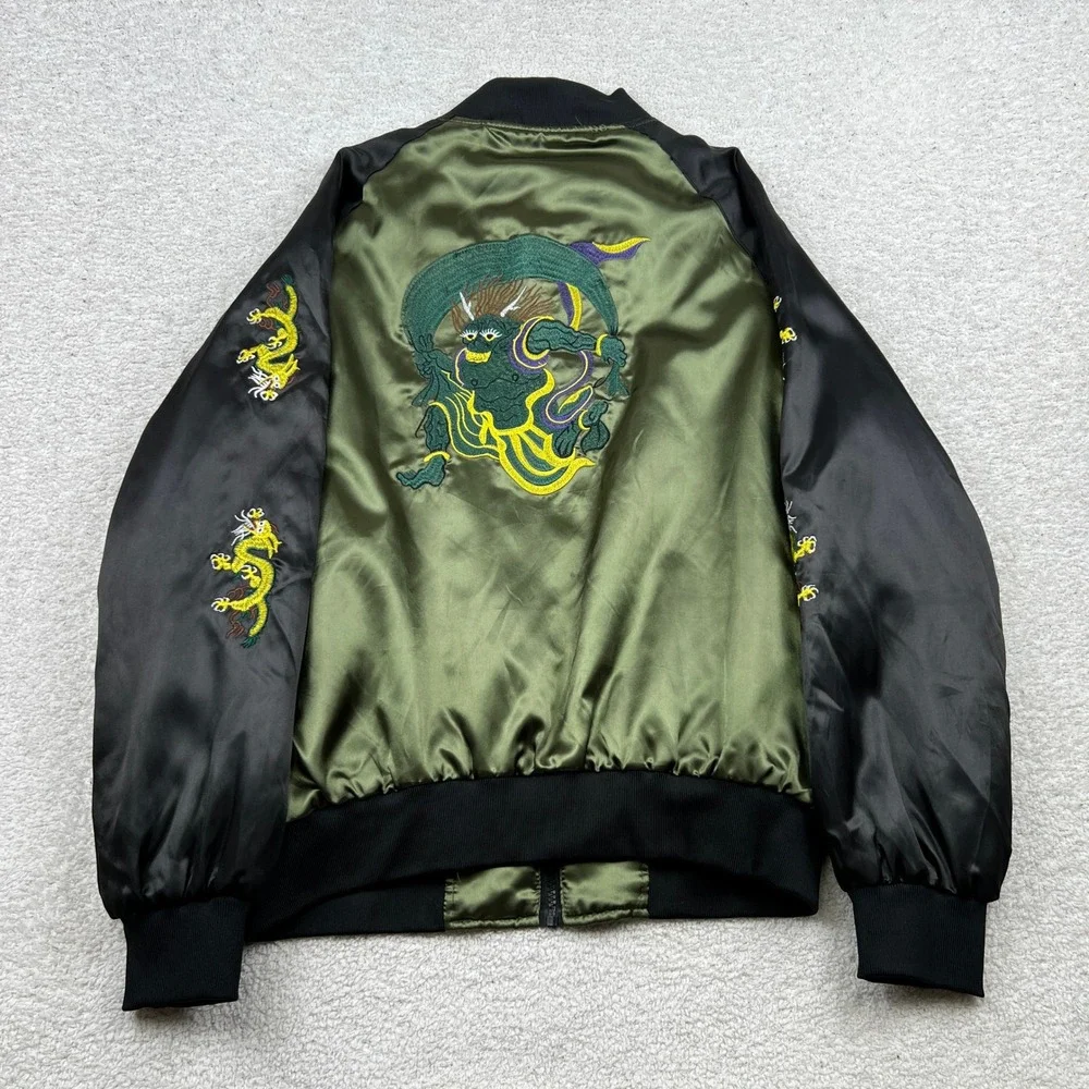 American Stitch Mens XL Bomber Jacket Olive Green Black Dragon Embroidered Satin